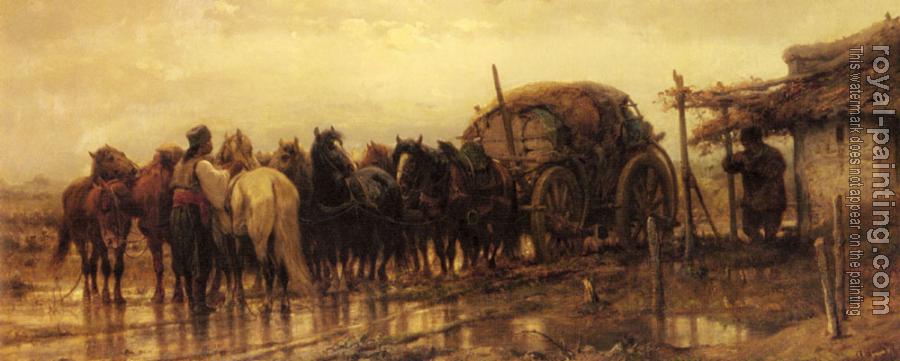 Adolf Schreyer : Hitching Horses To The Wagon